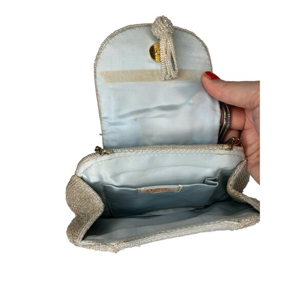50's 60's  Vintage DeLill Beaded Evening Bag Iridescent White Purse Metal Strap - Picture 9 of 16